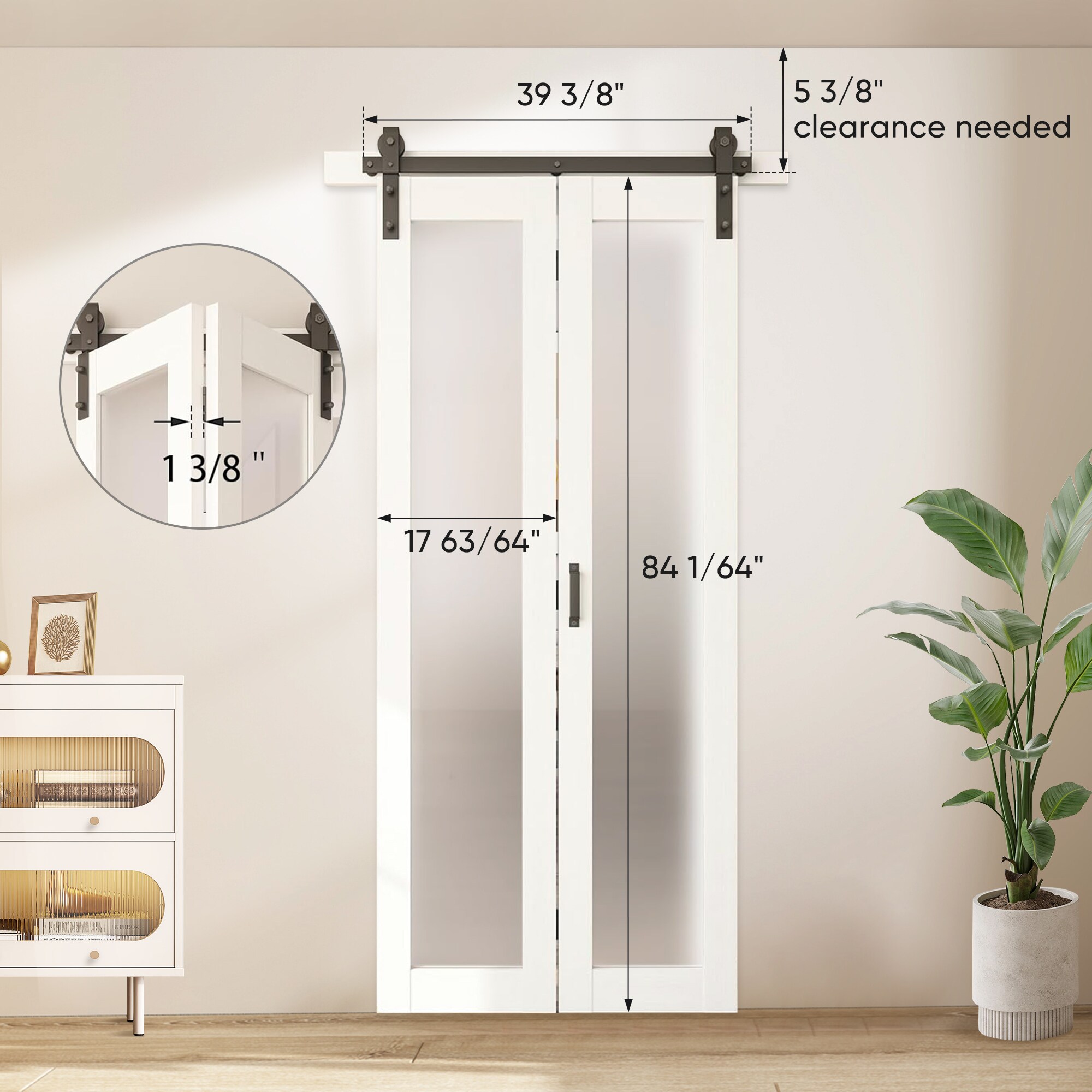 36"x 80" 1-Lite White Frosted Glass Bi-Fold Barn Doors With Installation Hardware Kit_voghion.com